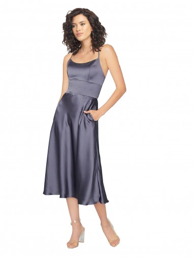 A-Linien Scoop Midi Seidiger Satin Kurze Brautjungfernkleider / Abiballkleider / Cocktailkleider / Heimkehr Kleider Fabrik