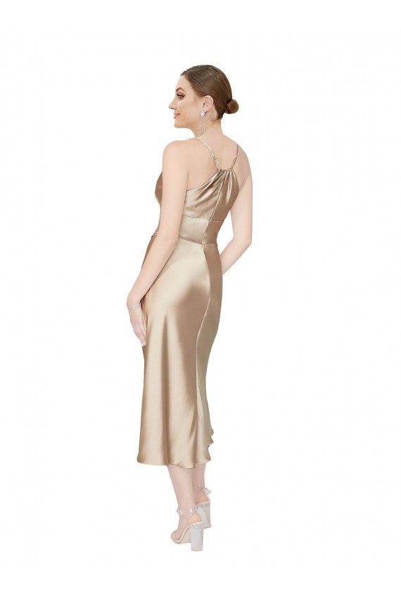 A-Linien V-Ausschnitt Midi Seidiger Satin Kurze Formale Brautjungfernkleider / Abendkleider / Abiballkleider / Cocktailkleider Fabrik