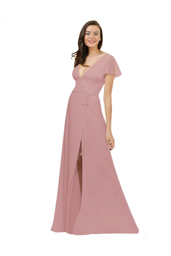 Altrosa A-Linien V-Ausschnitt Chiffon Lange Brautjungfernkleider Fabrik