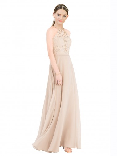 Champagner A-Linien Neckholder Stehkragen Ausschnitt Chiffon Spitze Lange Brautjungfernkleider / Abiballkleider Fabrik