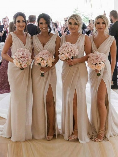 Champagner A-Linien V-Ausschnitt Chiffon Lange Brautjungfernkleider Fabrik