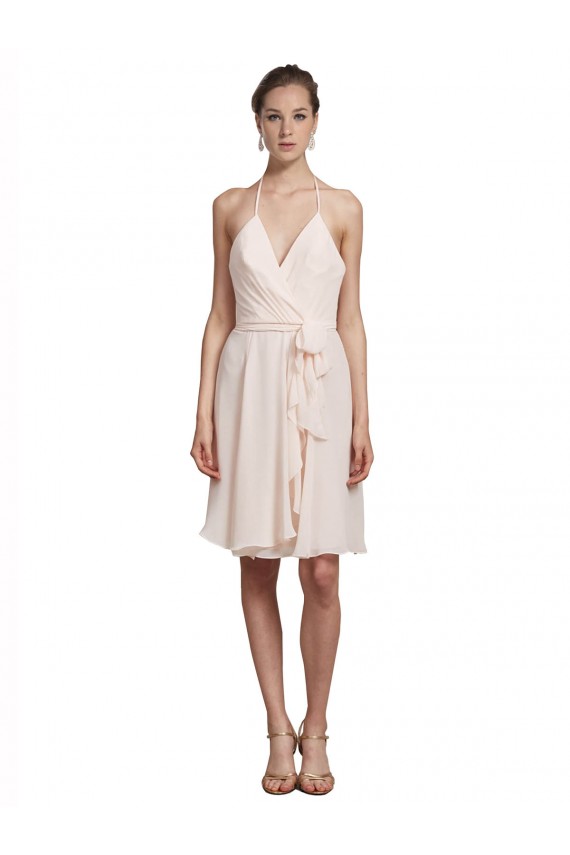 Creme Rosa A-Linien Neckholder V-Ausschnitt Knielang Chiffon Kurze Brautjungfernkleider / Cocktailkleider / Heimkehr Kleider Fabrik
