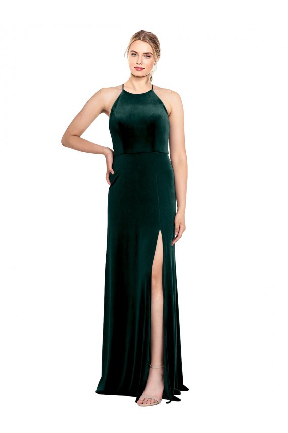 Dunkelgrün A-Linien Spaghetti-Träger Jewel Neck Stretch-Samt Lange Brautjungfernkleider / Abiballkleider Fabrik