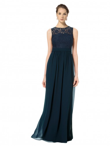 Dunkelmarine A-Linien Illusion Ausschnitt Chiffon Spitze Lange Brautjungfernkleider Fabrik