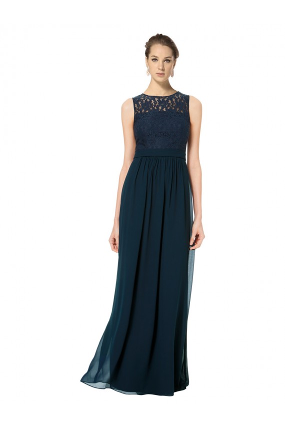 Dunkelmarine A-Linien Illusion Ausschnitt Chiffon Spitze Lange Brautjungfernkleider Fabrik