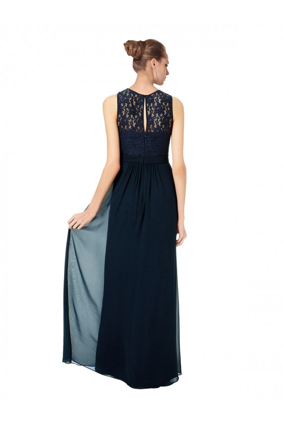 Dunkelmarine A-Linien Illusion Ausschnitt Chiffon Spitze Lange Brautjungfernkleider Fabrik