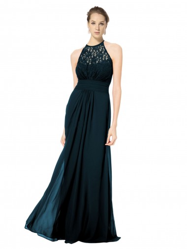 Dunkelmarine A-Linien Neckholder Illusion Ausschnitt Chiffon Spitze Lange Brautjungfernkleider Fabrik