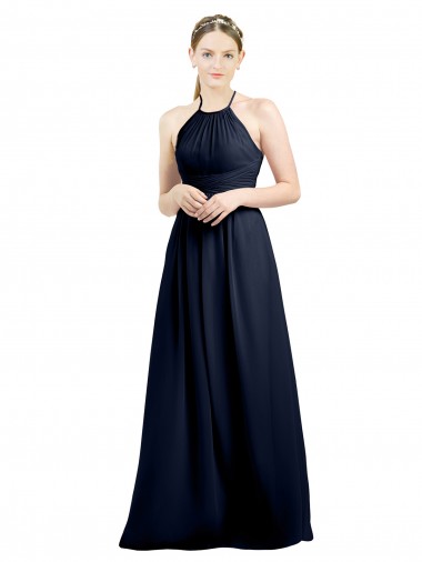 Dunkelmarine A-Linien Neckholder Stehkragen Ausschnitt Chiffon Lange Brautjungfernkleider Fabrik