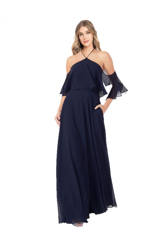 Dunkelmarine A-Linien Neckholder Stehkragen Ausschnitt Chiffon Lange Brautjungfernkleider Fabrik
