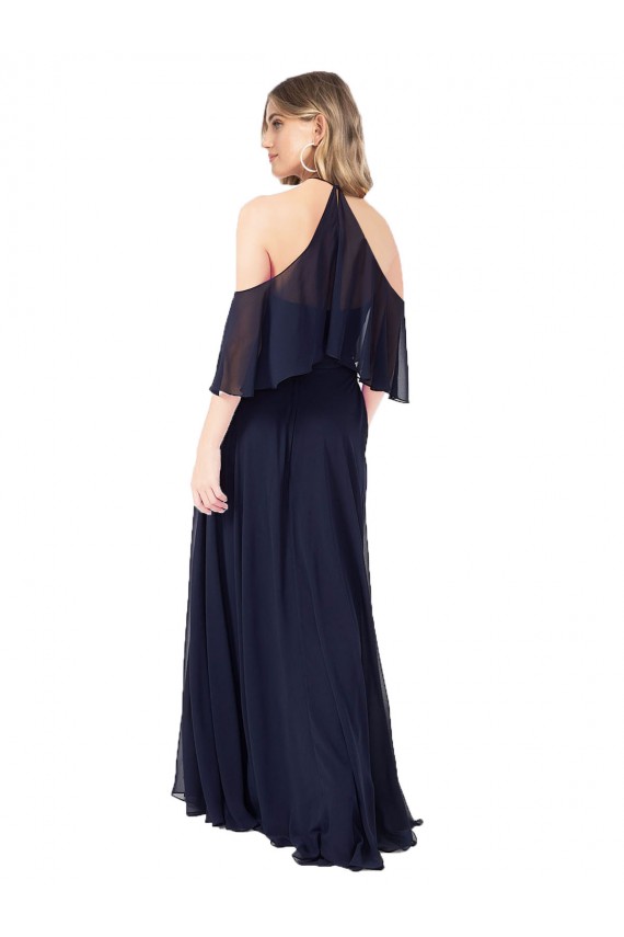 Dunkelmarine A-Linien Neckholder Stehkragen Ausschnitt Chiffon Lange Brautjungfernkleider Fabrik