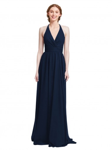 Dunkelmarine A-Linien Neckholder V-Ausschnitt Chiffon Lange Brautjungfernkleider Fabrik
