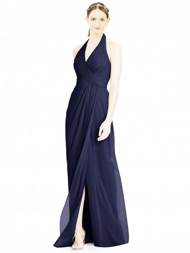 Dunkelmarine A-Linien Neckholder V-Ausschnitt Chiffon Lange Brautjungfernkleider Fabrik