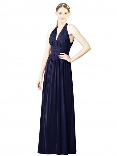 Dunkelmarine A-Linien Neckholder V-Ausschnitt Chiffon Lange Brautjungfernkleider Fabrik
