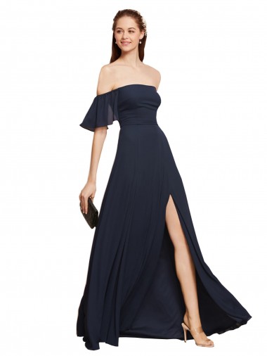 Dunkelmarine A-Linien Off-Schulter Chiffon Lange Brautjungfernkleider / Abiballkleider Fabrik