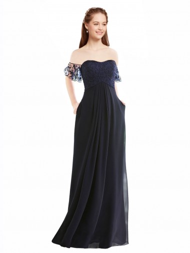 Dunkelmarine A-Linien Off-Schulter V-Ausschnitt Chiffon Spitze Lange Brautjungfernkleider Fabrik