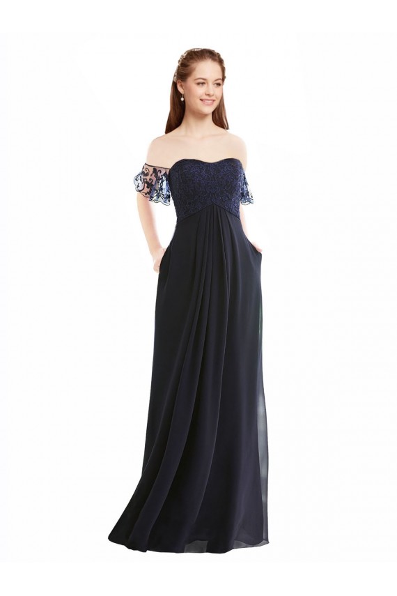 Dunkelmarine A-Linien Off-Schulter V-Ausschnitt Chiffon Spitze Lange Brautjungfernkleider Fabrik