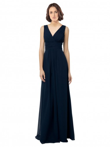 Dunkelmarine A-Linien V-Ausschnitt Chiffon Lange Brautjungfernkleider Fabrik