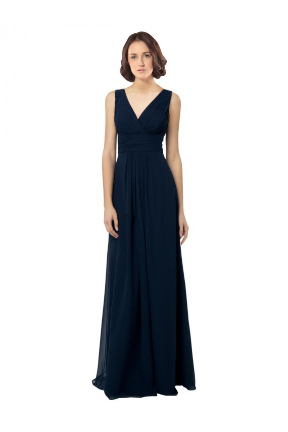 Dunkelmarine A-Linien V-Ausschnitt Chiffon Lange Brautjungfernkleider Fabrik