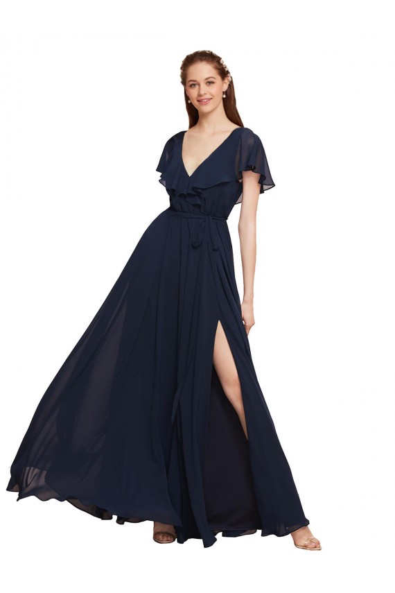 Dunkelmarine A-Linien V-Ausschnitt Chiffon Lange Brautjungfernkleider Fabrik
