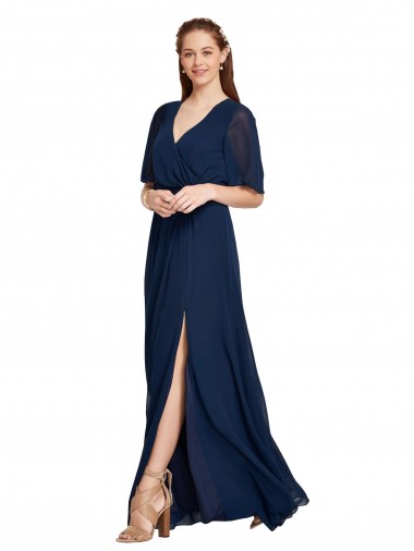 Dunkelmarine A-Linien V-Ausschnitt Chiffon Lange Brautjungfernkleider Fabrik