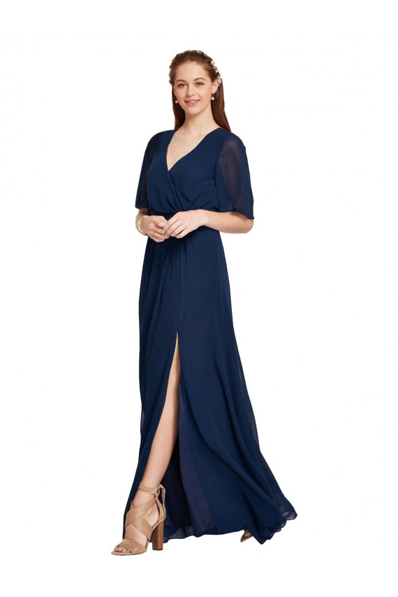 Dunkelmarine A-Linien V-Ausschnitt Chiffon Lange Brautjungfernkleider Fabrik