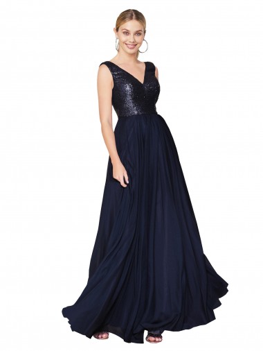 Dunkelmarine A-Linien V-Ausschnitt Chiffon Paillette Lange Brautjungfernkleider / Abiballkleider Fabrik
