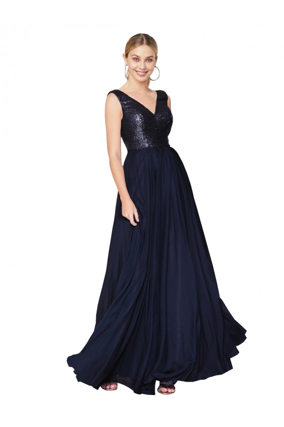 Dunkelmarine A-Linien V-Ausschnitt Chiffon Paillette Lange Brautjungfernkleider / Abiballkleider Fabrik