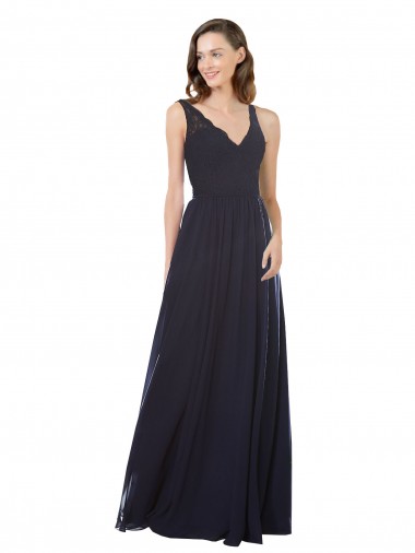 Dunkelmarine A-Linien V-Ausschnitt Chiffon Spitze Lange Brautjungfernkleider Fabrik