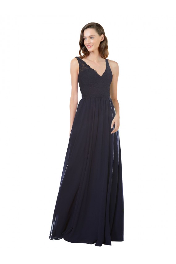 Dunkelmarine A-Linien V-Ausschnitt Chiffon Spitze Lange Brautjungfernkleider Fabrik