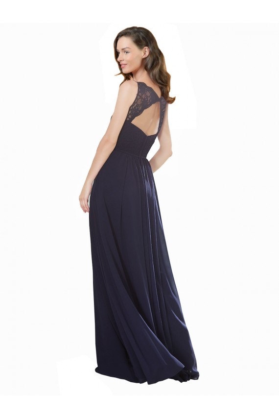 Dunkelmarine A-Linien V-Ausschnitt Chiffon Spitze Lange Brautjungfernkleider Fabrik
