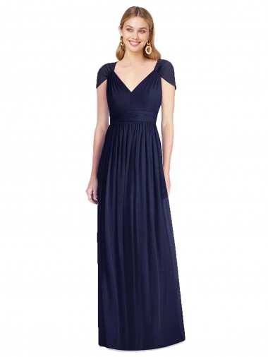 Dunkelmarine Trompete V-Ausschnitt Chiffon Lange Brautjungfernkleider Fabrik