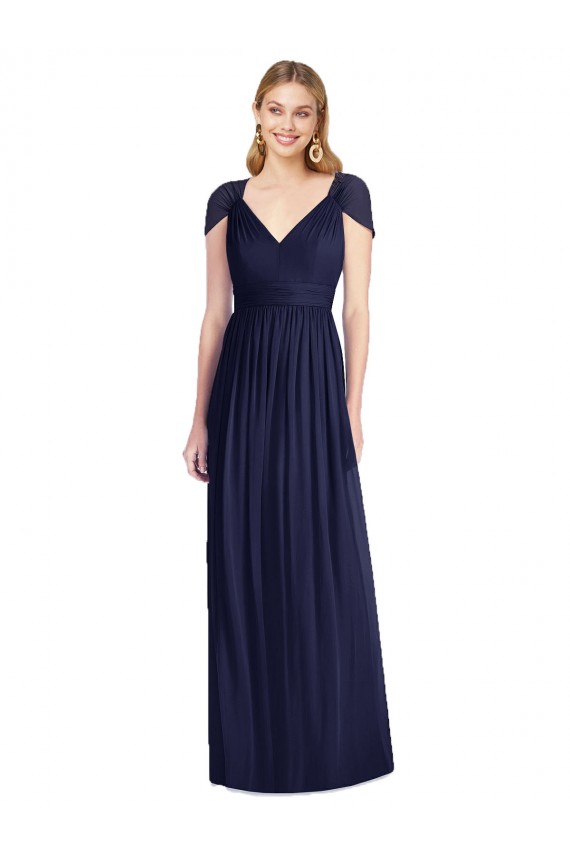 Dunkelmarine Trompete V-Ausschnitt Chiffon Lange Brautjungfernkleider Fabrik