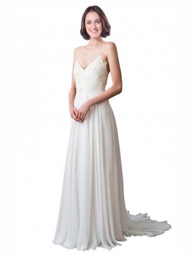 Elfenbein A-Linien Spaghetti-Träger V-Ausschnitt Kapelle-schleppe Chiffon Spitze Strand Brautkleider Fabrik