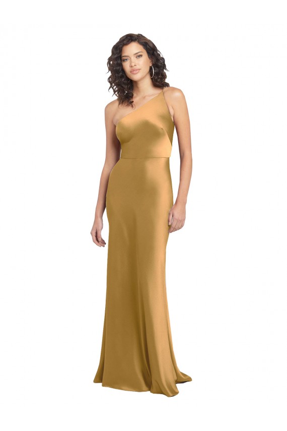 Gold A-Linien Eine-Schulter Stretch-Satin Lange Formale Brautjungfernkleider / Abendkleider / Abiballkleider Fabrik
