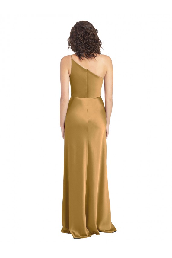 Gold A-Linien Eine-Schulter Stretch-Satin Lange Formale Brautjungfernkleider / Abendkleider / Abiballkleider Fabrik