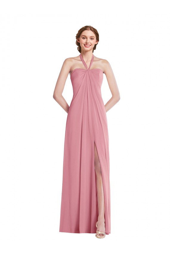 Hautrosa A-Linien Neckholder Chiffon Lange Brautjungfernkleider Fabrik