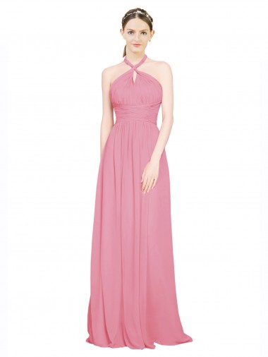 Hautrosa A-Linien Neckholder V-Ausschnitt Chiffon Lange Brautjungfernkleider Fabrik
