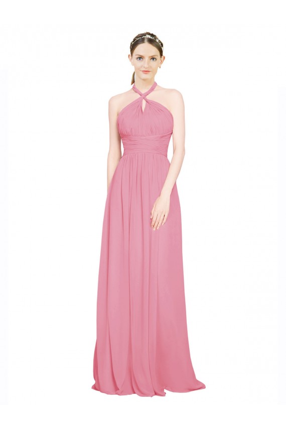 Hautrosa A-Linien Neckholder V-Ausschnitt Chiffon Lange Brautjungfernkleider Fabrik