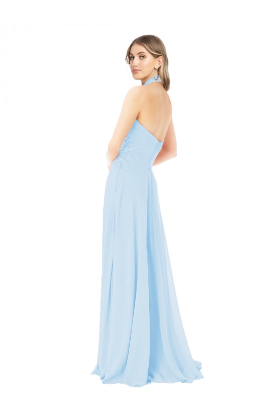 Helles Himmelblau A-Linien Neckholder Stehkragen Ausschnitt Chiffon Lange Brautjungfernkleider Fabrik