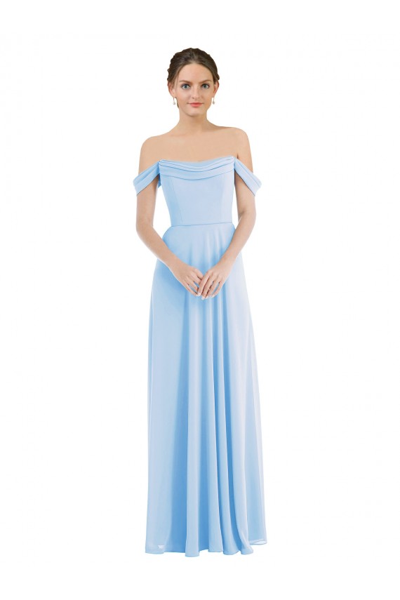 Helles Himmelblau A-Linien Off-Schulter Chiffon Lange Formale Brautjungfernkleider / Abendkleider Fabrik