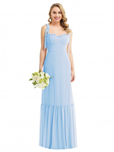 Helles Himmelblau A-Linien Spaghetti-Träger Chiffon Lange Brautjungfernkleider Fabrik