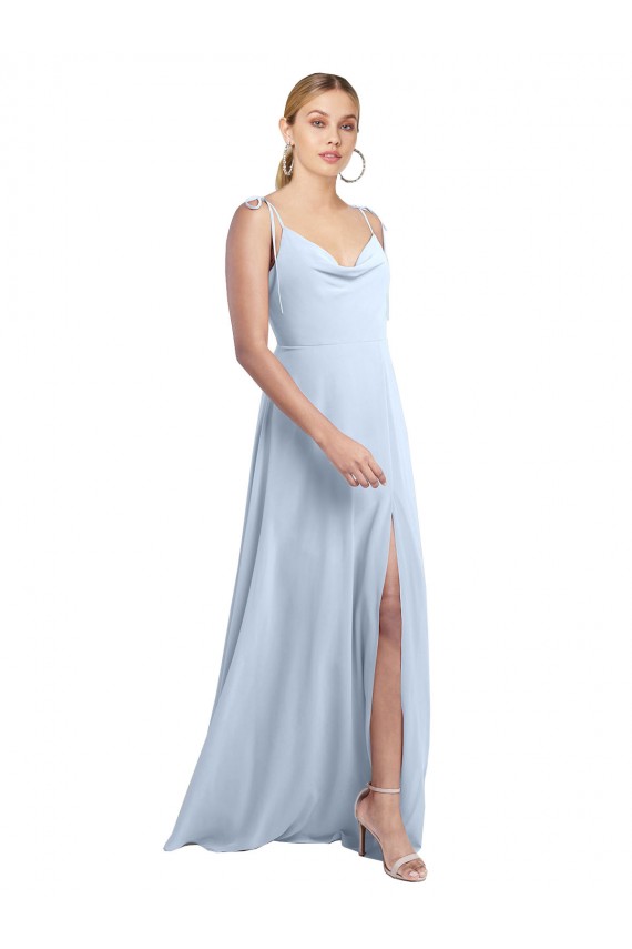 Helles Himmelblau A-Linien Spaghetti-Träger Haube Ausschnitt Chiffon Lange Brautjungfernkleider Fabrik