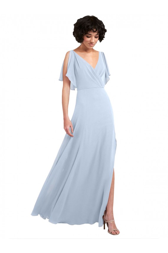 Helles Himmelblau A-Linien V-Ausschnitt Chiffon Lange Brautjungfernkleider Fabrik