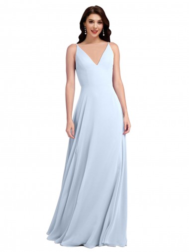 Helles Himmelblau A-Linien V-Ausschnitt Chiffon Lange Brautjungfernkleider Fabrik