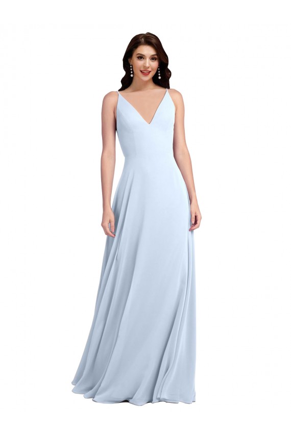 Helles Himmelblau A-Linien V-Ausschnitt Chiffon Lange Brautjungfernkleider Fabrik