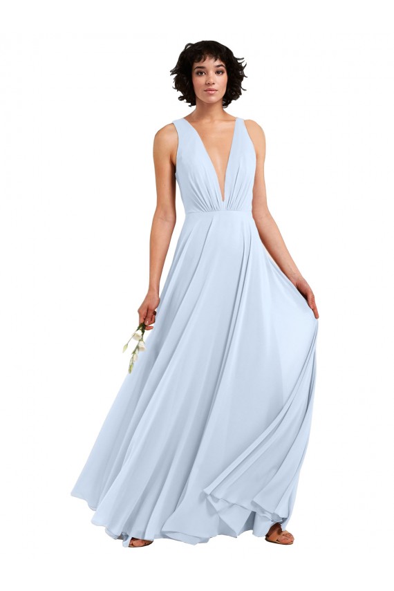 Helles Himmelblau A-Linien V-Ausschnitt Chiffon Lange Brautjungfernkleider Fabrik
