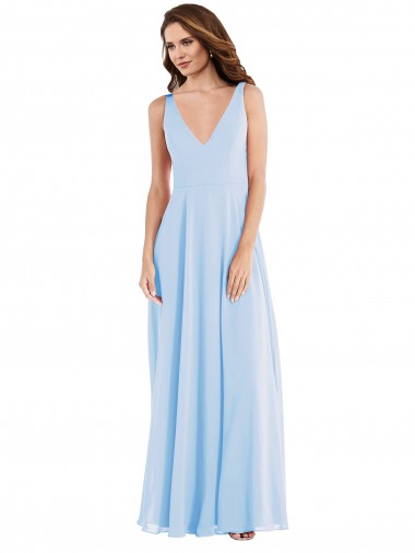 Helles Himmelblau A-Linien V-Ausschnitt Chiffon Lange Brautjungfernkleider Fabrik