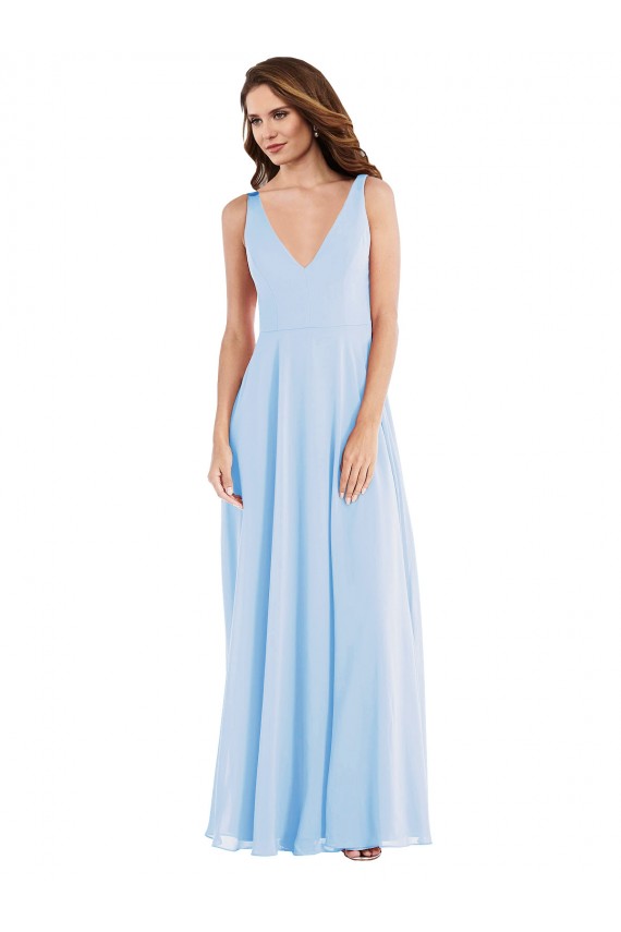 Helles Himmelblau A-Linien V-Ausschnitt Chiffon Lange Brautjungfernkleider Fabrik