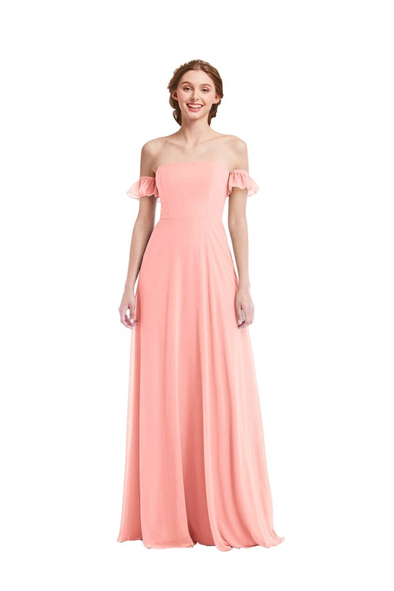 Lachs A-Linien Off-Schulter Chiffon Lange Brautjungfernkleider Fabrik