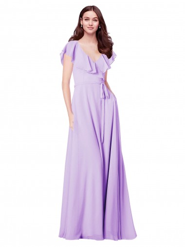 Lila A-Linien V-Ausschnitt Chiffon Lange Brautjungfernkleider Fabrik